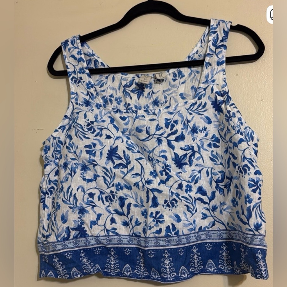 Joie Blue and White Linen Floral Shell Tank